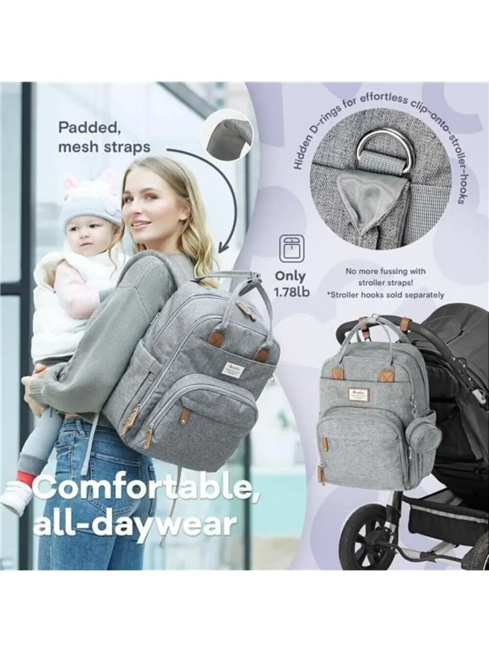 RUVALINO Diaper Bag Backpack Baby Travel Tote Waterproof Stroller Gray Pad